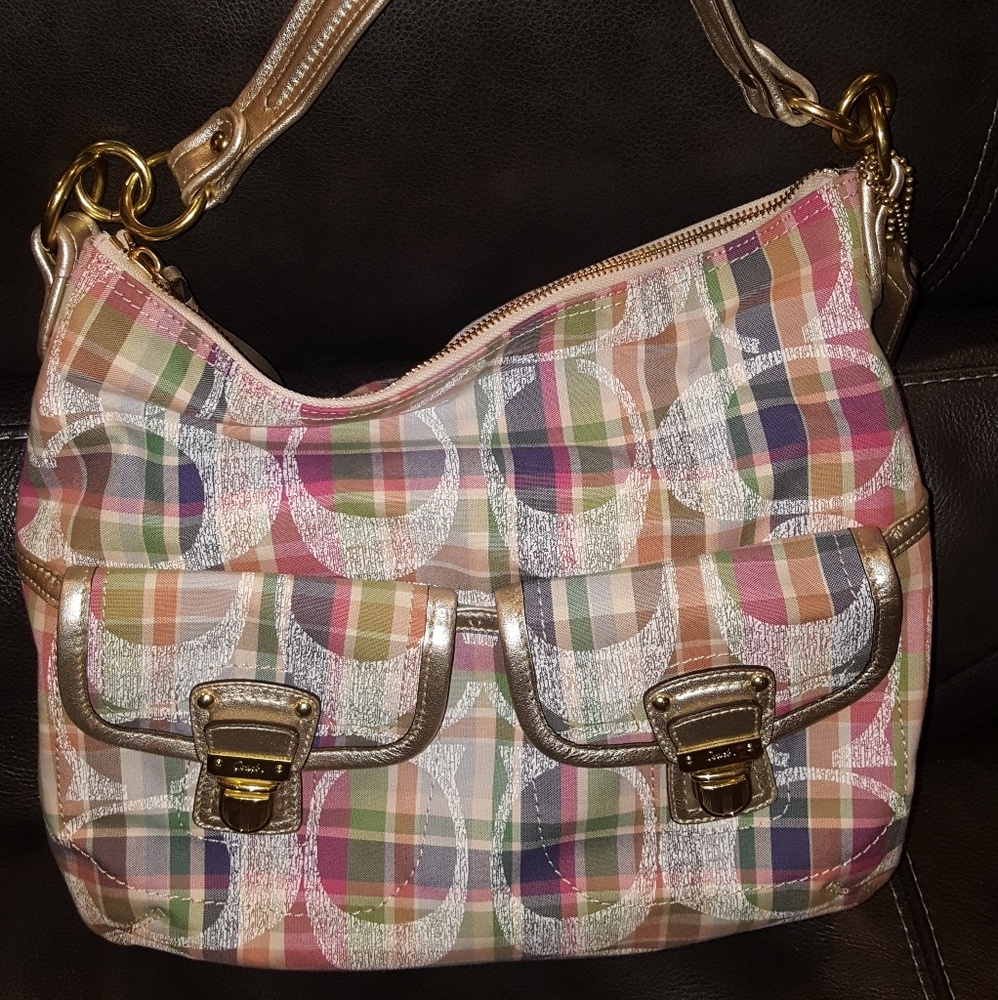 Coach Poppy Daisy Madras Pink Plaid Shoulder Bag with long strap
